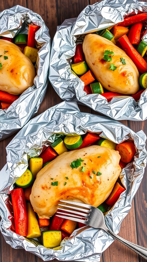 Easy Oven Foil Pack Dinners Oven foil pack dinners with chicken and mixed vegetables, wrapped in foil, on a wooden table.